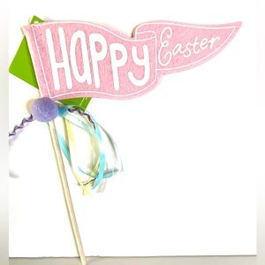 Happy Easter Pink Felt Flag Wand Lilac Pompom Pastel Ribbons Basket Decor
